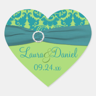 Pegatina En Forma De Corazón Pegatina de casamiento de Damasco verde y turquesa