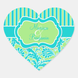 Pegatina En Forma De Corazón Pegatina de Damasco a rayas azules, verdes y blanc