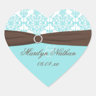 Pegatina En Forma De Corazón Pegatina de la boda Aqua Blue, Brown, White Damask