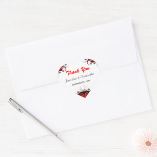 Pegatina En Forma De Corazón Pegatina de la boda del corazón floral rojo y blan