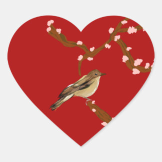 Pegatina En Forma De Corazón Pegatina de Ruiseñor de Flor de Cerezo