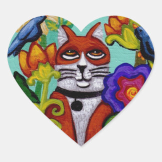 Pegatina En Forma De Corazón Pegatina del corazón del gato y los cuatro pájaros
