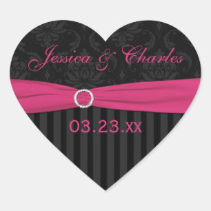 Pegatina En Forma De Corazón Pegatina del del favor de la boda de Damasco negr