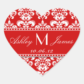 Pegatina En Forma De Corazón Pegatina del Favor de la Boda de Damasco Rojo