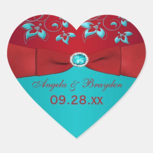 Pegatina En Forma De Corazón Pegatina del Favor de la Boda Floral Roja y Turque