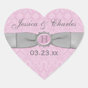 Pegatina En Forma De Corazón Pegatina del favorito de la boda de Damasco gris,