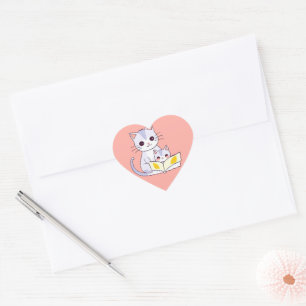 Pegatina En Forma De Corazón Pegatina redonda de gato madre leyendo a su gatito