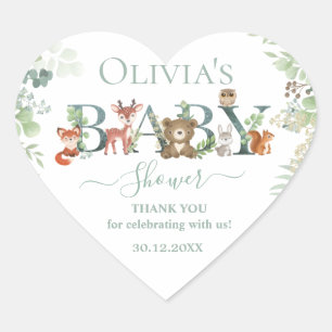 Pegatina En Forma De Corazón Pequeños animales de Woodland Baby Shower Greenery
