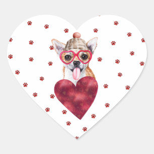 Pegatina En Forma De Corazón Perrito Chihuahua de Corazón Patitas Rojas Rosadas