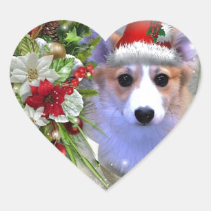 Pegatina En Forma De Corazón Perrito del Corgi del navidad en el marco blanco