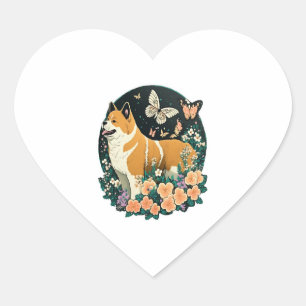 Pegatina En Forma De Corazón Perro Akita con flor y camiseta con mariposa