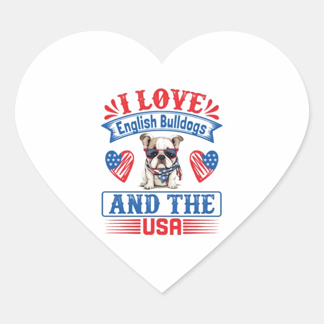 Pegatina En Forma De Corazón Perro de Bulldog inglés patriótico (Anverso)