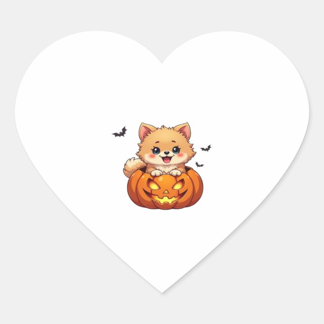 Pegatina En Forma De Corazón Perro de Pomerania Feliz calabaza de Halloween Cla (Anverso)