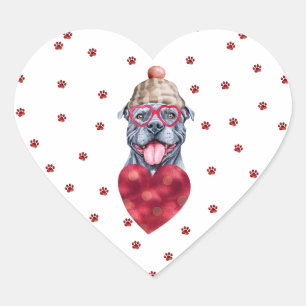Pegatina En Forma De Corazón Perro de San Valentín de Pitbull gris de garras ro