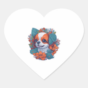 Pegatina En Forma De Corazón Perro lindo en flores flores perro cachorro floral