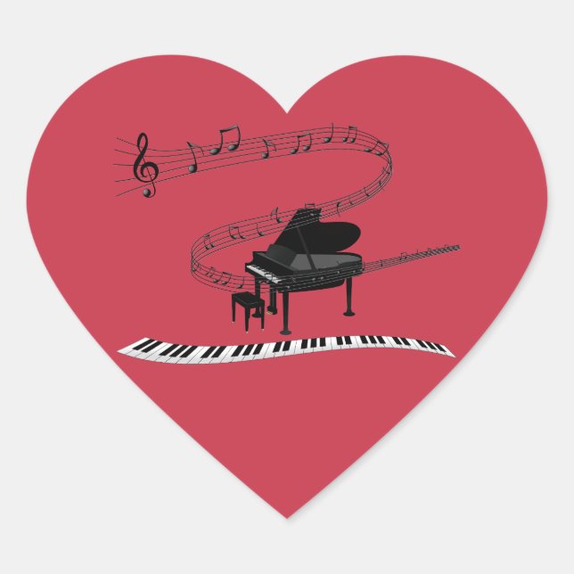 Pegatina En Forma De Corazón Piano, teclado y notas musicales (Anverso)