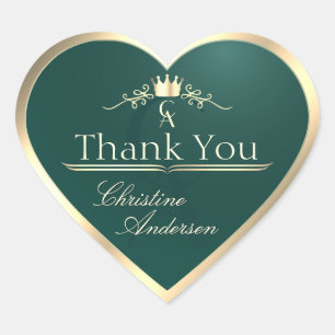 Pegatina En Forma De Corazón Pine Verde azulado con marco dorado y monograma Gr
