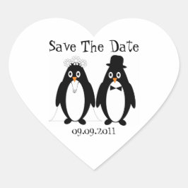 Pegatina En Forma De Corazón Pingüino Guardar La Invitación Boda De Fecha