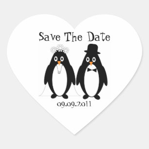 Pegatina En Forma De Corazón Pingüino Guardar La Invitación Boda De Fecha