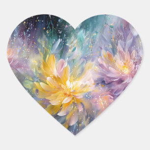 Pegatina En Forma De Corazón Pintura abstracta floral vibrante con explosión