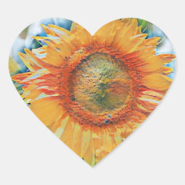 Pegatina En Forma De Corazón Pintura de girasol amarillo y naranja