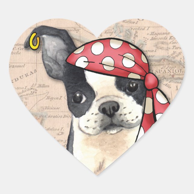 Pegatina En Forma De Corazón Pirata de Boston Terrier (Anverso)