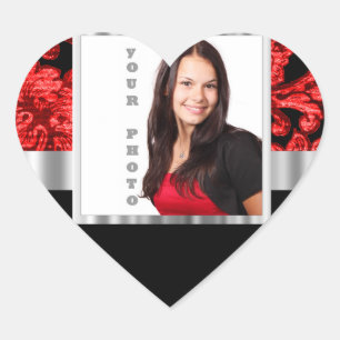 Pegatina En Forma De Corazón Plantilla de damasco floral rojo y negro