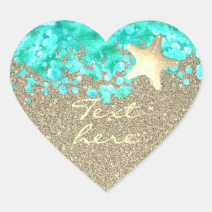 Pegatina En Forma De Corazón Playa Starfish arena océano agua turquesa dorada