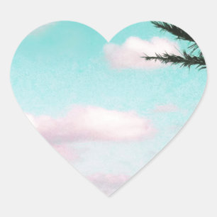 Pegatina En Forma De Corazón Playa tropical, vistas al océano, nubes rosas, pal