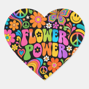 Pegatina En Forma De Corazón Poder Floral Retro Groovy