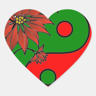 Pegatina En Forma De Corazón Poinsettia Verde Rojo Yin Yang Navideño