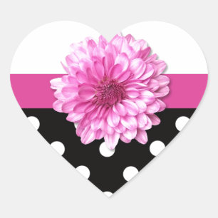 Pegatina En Forma De Corazón Polka blanco negro con flores rosadas no es muy am