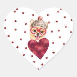 Pegatina En Forma De Corazón Pomerania Perro San Valentín Patitas Rojas Rosadas