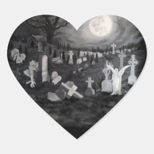 Pegatina En Forma De Corazón Por la noche en el cementerio - Ángel con el diabl