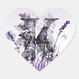 Pegatina En Forma De Corazón Prados púrpuras y alfabeto de la flor - chica de