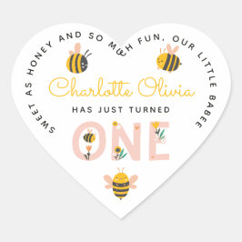 Pegatina En Forma De Corazón Primer cumpleaños de Bee Yellow & Pink Floral ONE 