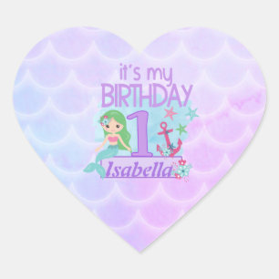 Pegatina En Forma De Corazón Primeros cumpleaños con la temática de la sirena