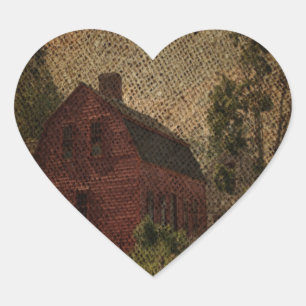 Pegatina En Forma De Corazón Primitiva burlap casa de campo de granero rojo