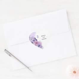 Pegatina En Forma De Corazón Purple Floral Wedding Heart Sticker