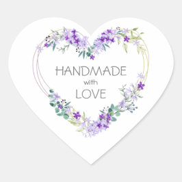 Pegatina En Forma De Corazón Purple Handmade with Love Quote Floral Heart