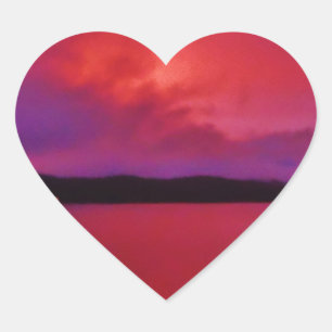 Pegatina En Forma De Corazón Púrpura caliente puesta de sol en el lago Arrowhea