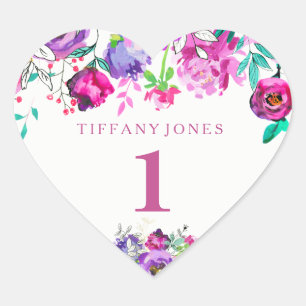 Pegatina En Forma De Corazón Púrpura Chica Floral Rosa Primer cumpleaños corazó