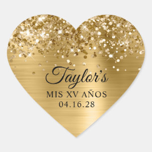 Pegatina En Forma De Corazón Purpurina Hoja de Oro Mis XV Años