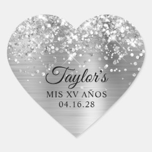 Pegatina En Forma De Corazón Purpurina Plata Foil Mis XV Años