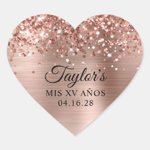 Pegatina En Forma De Corazón Purpurina Rosa Dorado Foil Mis XV Años