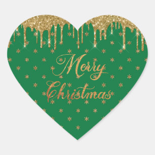Pegatina En Forma De Corazón Purpurina verde y dorado - feliz navidad