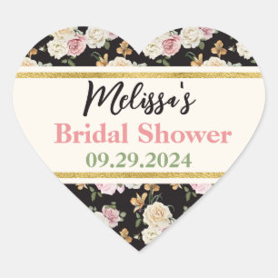 Pegatina En Forma De Corazón Ramo Floral Negro, Marfil y Dorado