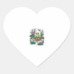 Pegatina En Forma De Corazón Rana Bonita Montando Tortuga Estanque Vintage Arte