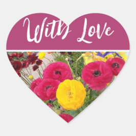 Pegatina En Forma De Corazón Rannunculus Flor Rojo floral con amor