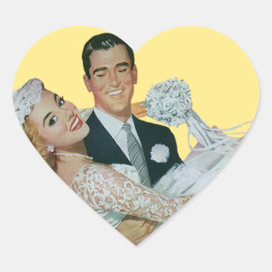 Pegatina En Forma De Corazón Recién casados de boda vintage, novia y novio feli